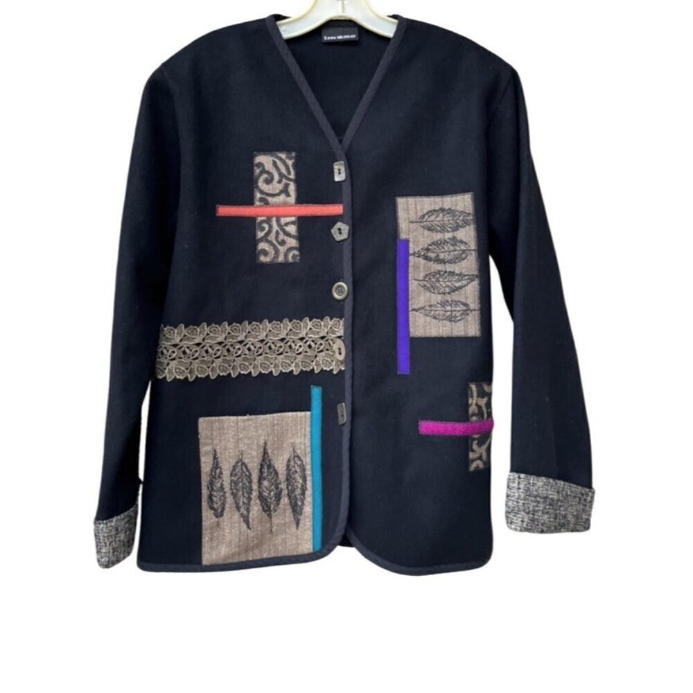 Lynn Murray Black Felt Wool Colorful Wearable Art Applique Patches Jacket Coat M